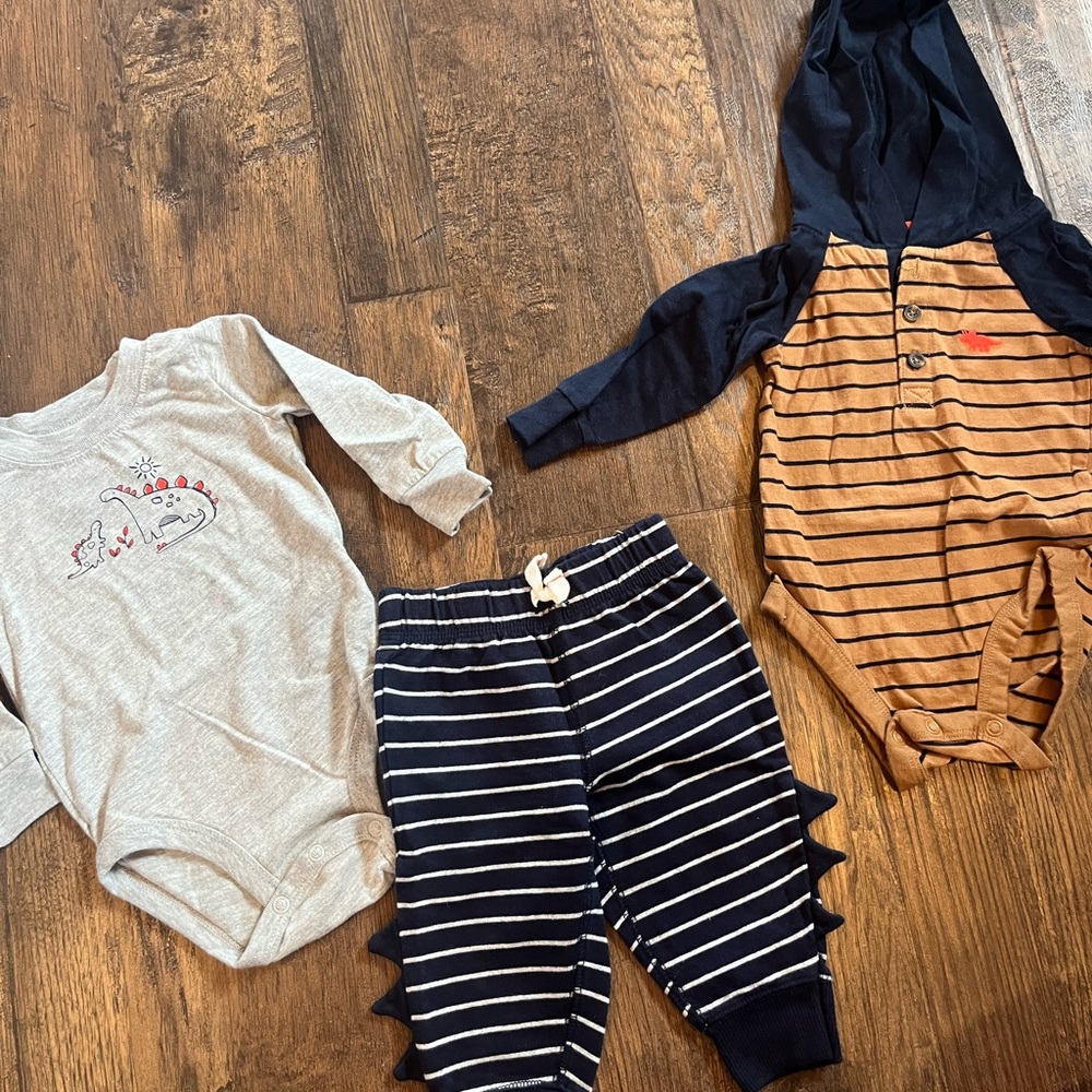 Striped Navy Dino Joggers + Two Baby Bodysuits